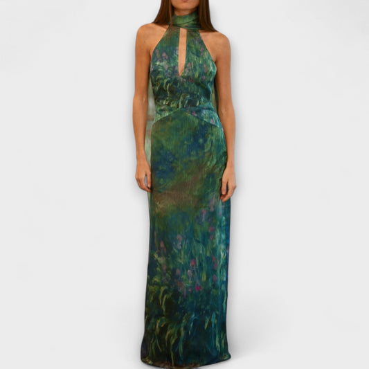 Women's Chiffon Maxi Dress High Neck Keyhole - 
Fashinoza