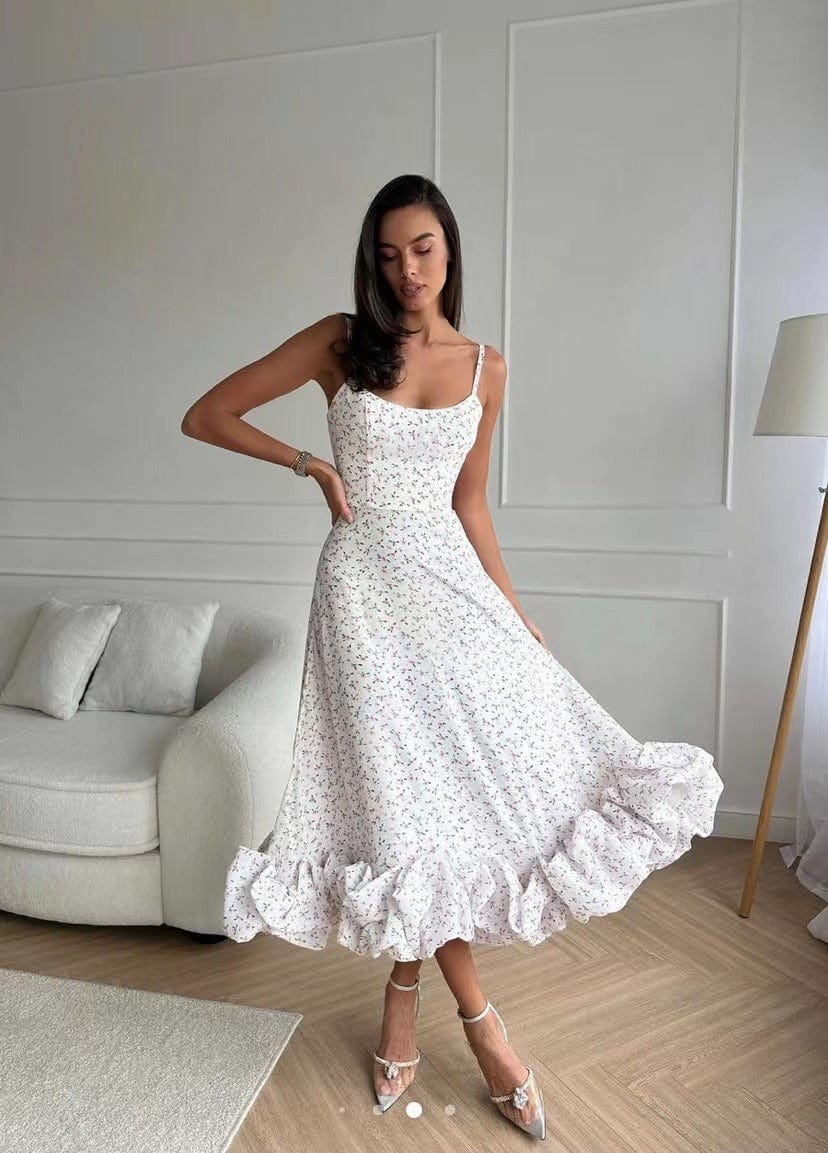 Women's Woven Midi Dress Thin Straps Ruffle Hem - 
Fashinoza