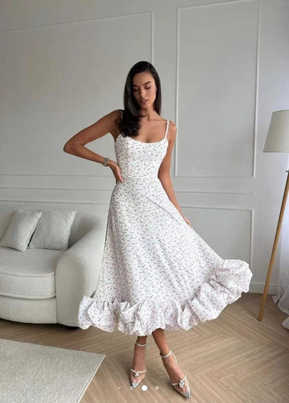 Women's Woven Midi Dress Thin Straps Ruffle Hem - 
Fashinoza