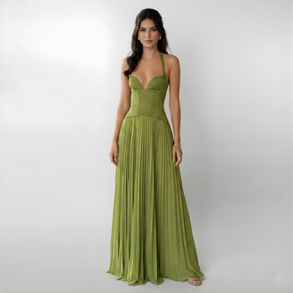 Women's Maxi Dress Lace Blend Pleated Halter Neck - 
Fashinoza