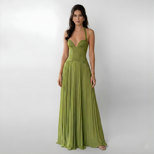 Women's Maxi Dress Lace Blend Pleated Halter Neck - 
Fashinoza