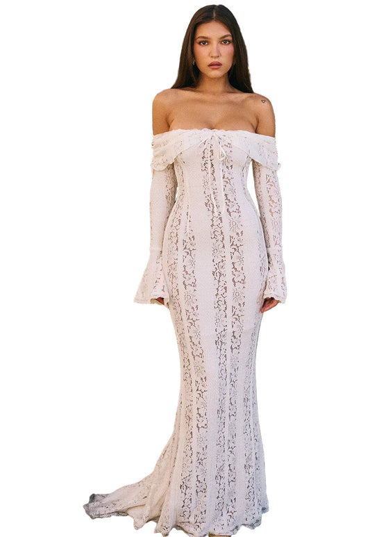 Women's Lace Maxi Dress Off-Shoulder Bell Sleeves - 
Fashinoza