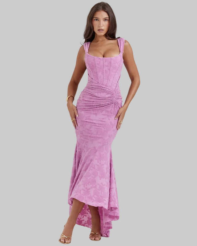 Women's Lace Maxi Dress Square Neck Ruched Hip - 
Fashinoza