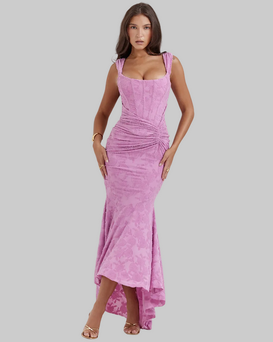Women's Lace Maxi Dress Square Neck Ruched Hip - 
Fashinoza