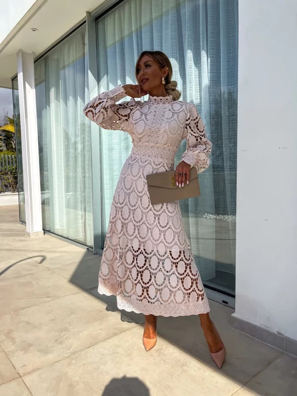 Women's Lace Midi Dress Long Sleeves Mock Neck - 
Fashinoza
