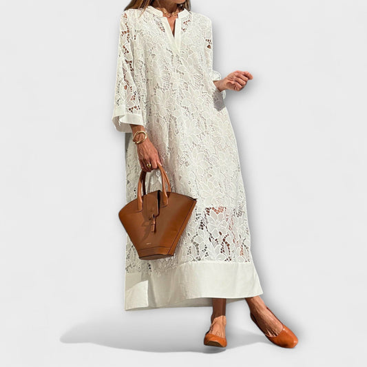 Women's Lace Midi Dress Split Neck Wide Sleeves - 
Fashinoza