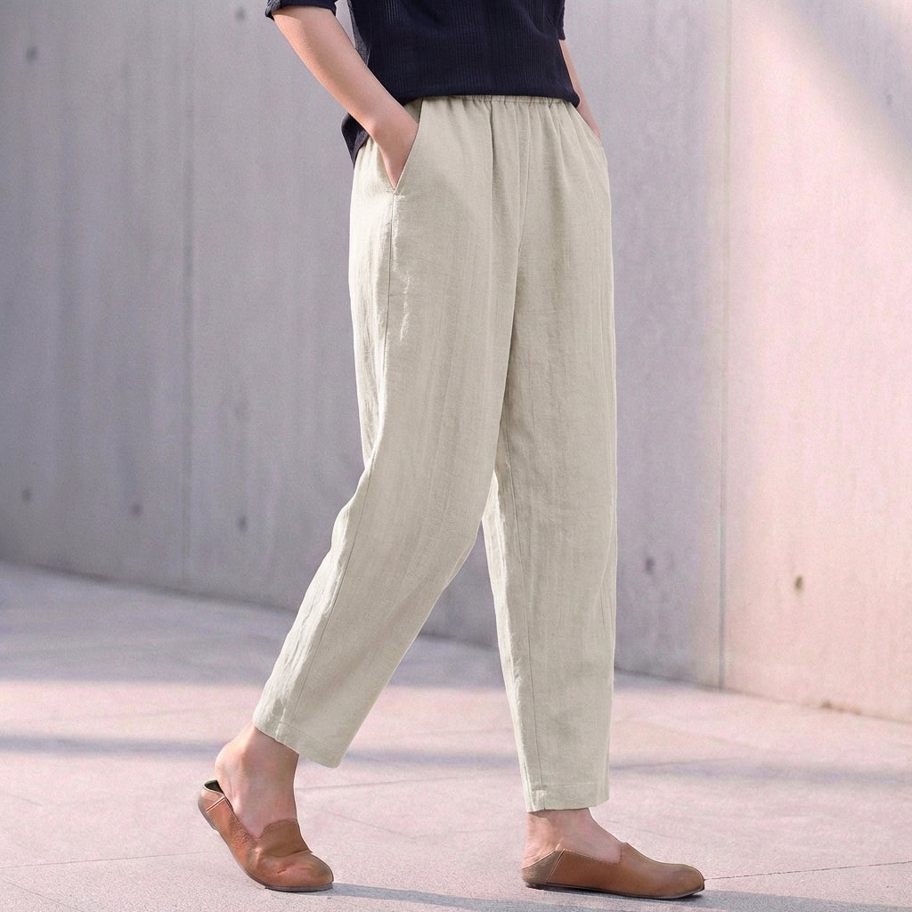 Women's Linen Pants Elastic Waist Side Pockets - 
Fashinoza