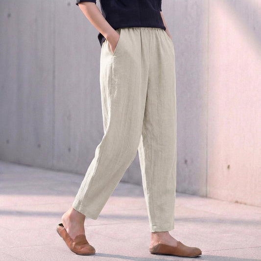 Women's Linen Pants Elastic Waist Side Pockets - 
Fashinoza
