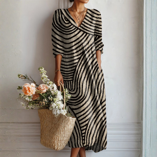 Women's Linen Midi Dress Abstract Print Pockets - 
Fashinoza