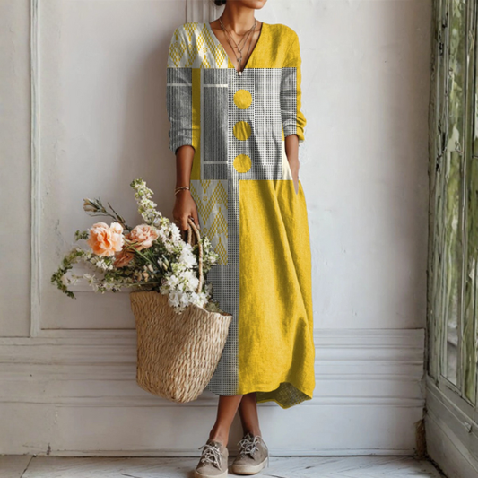 Women's Linen Midi Dress V Neck Patchwork Print - 
Fashinoza