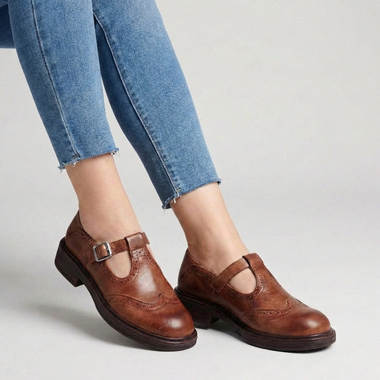 Women's T Strap Mary Jane Shoes Leather Brogue Brown - 
Fashinoza