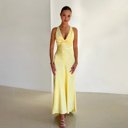 Women's Polyester Maxi Dress Halter Neck Open Back - 
Fashinoza