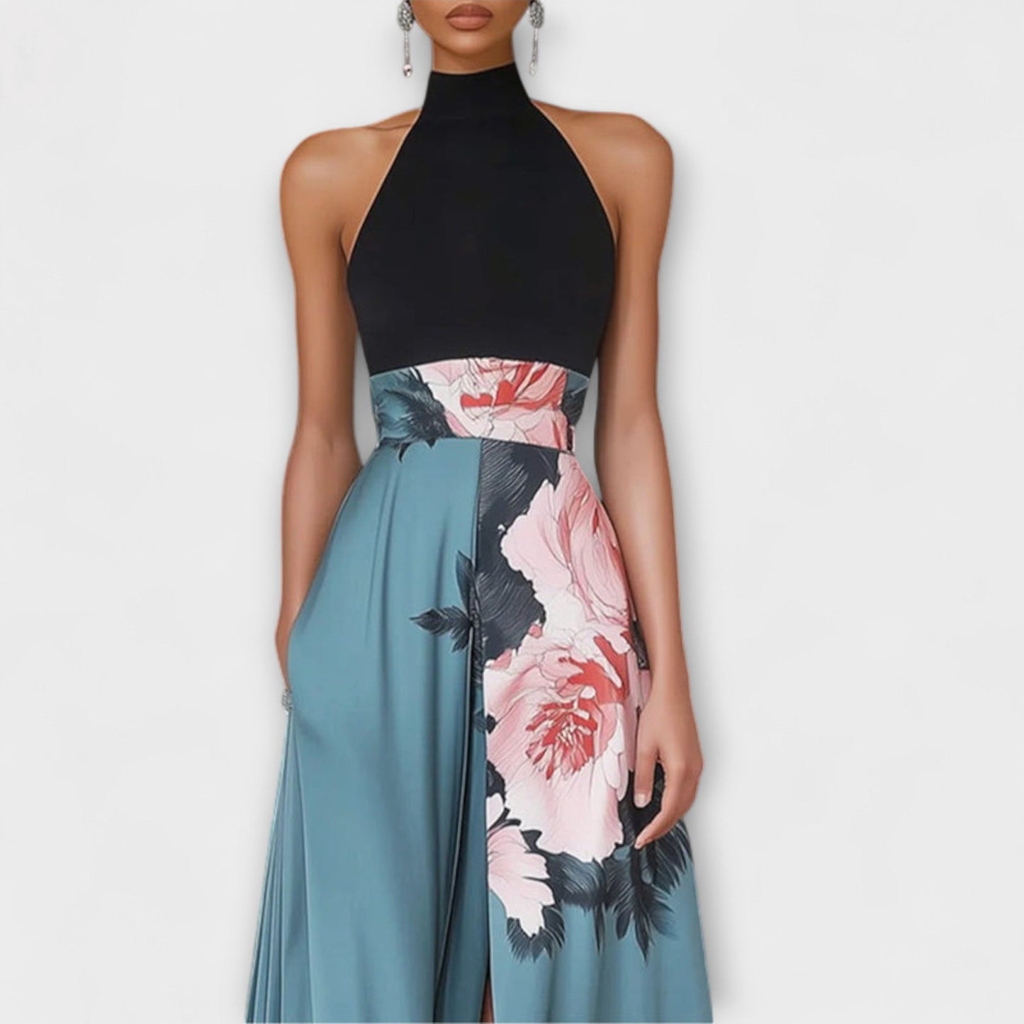 Women's Polyester Maxi Dress Halter Neck Front Slit - 
Fashinoza