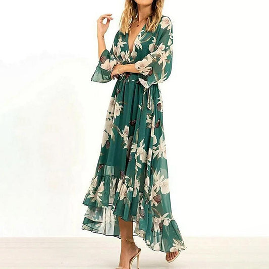 Women's Sheer Maxi Dress V Neck Ruffle Hem - 
Fashinoza
