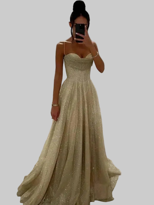 Women's Tulle Maxi Dress Sweetheart Neckline Spaghetti Straps - 
Fashinoza