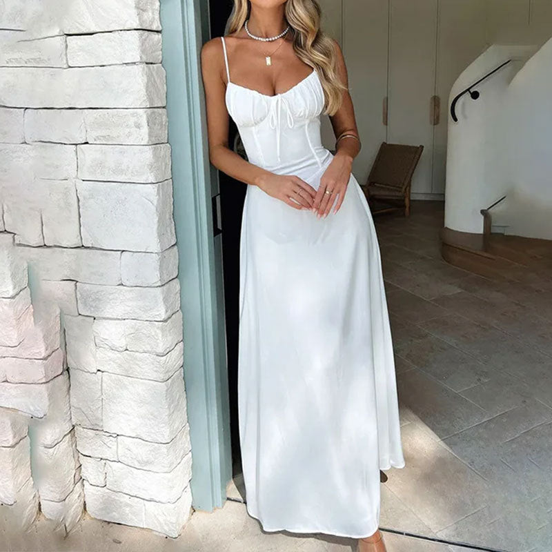 Women's Woven Maxi Dress Ruched Bodice Adjustable Straps - 
Fashinoza