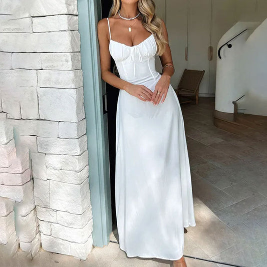 Women's Woven Maxi Dress Ruched Bodice Adjustable Straps - 
Fashinoza