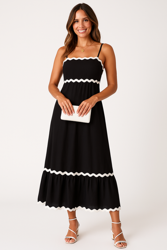 Women's Woven Maxi Dress Spaghetti Straps Ric Rac Trim - 
Fashinoza