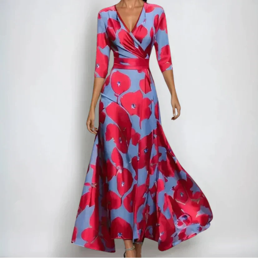 Women's V Neck Maxi Dress 3/4 Sleeves - 
Fashinoza