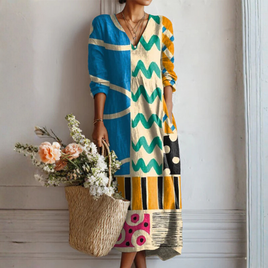 Women's Linen Midi Dress Abstract Print Side Pockets - 
Fashinoza