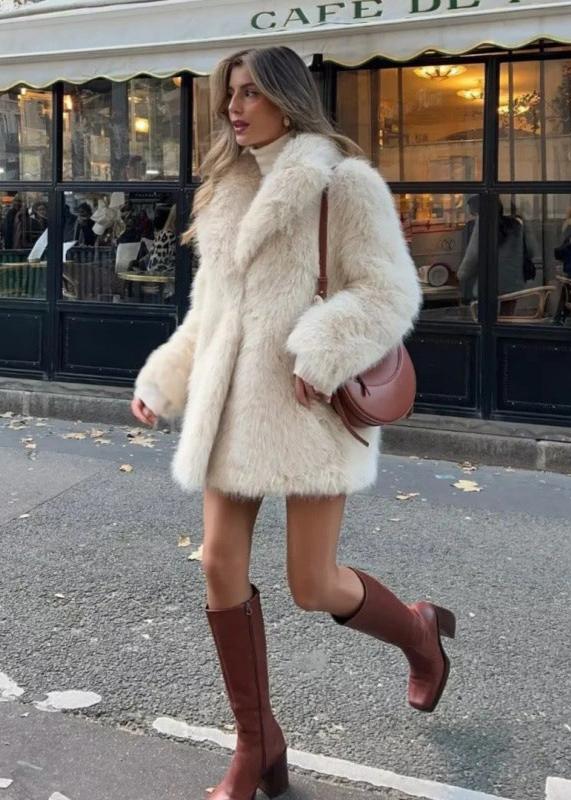 Women's Plush Coat Stand Collar Hook Closure - 
Fashinoza
