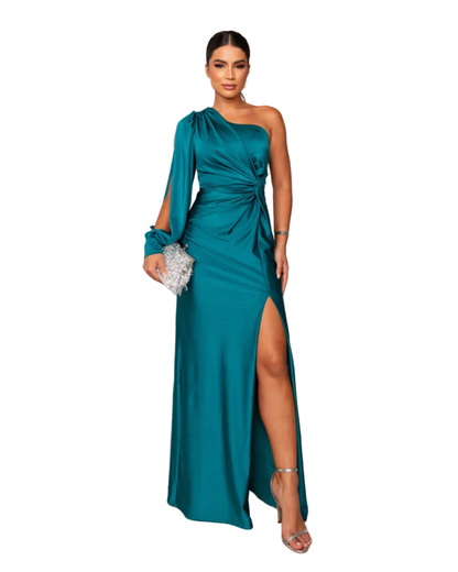 Women's Satin Maxi Dress One Shoulder Side Slit - 
Fashinoza