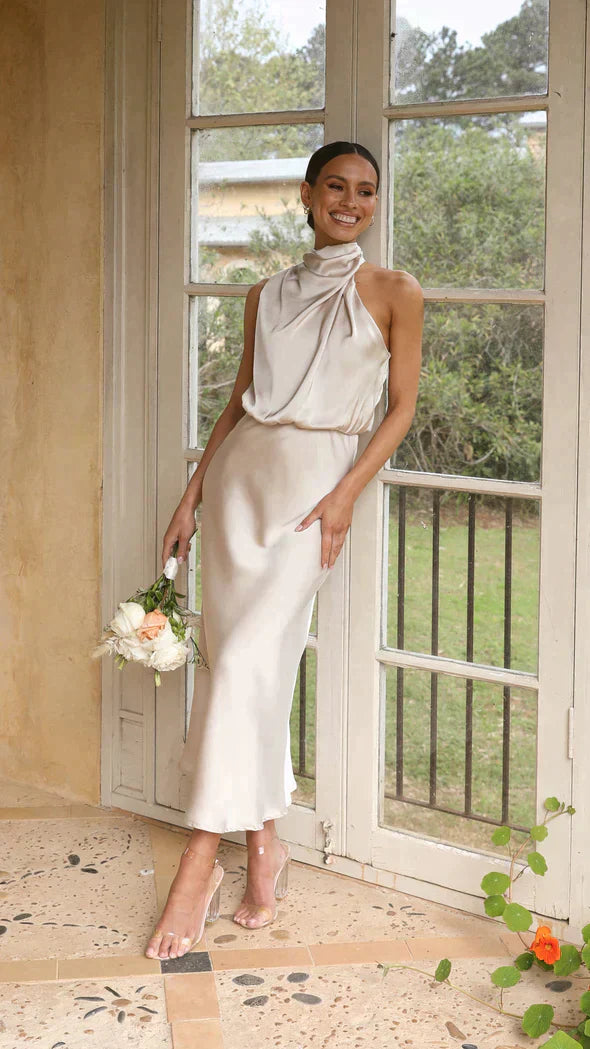 Women's Satin Halter Neck Midi Dress - 
Fashinoza