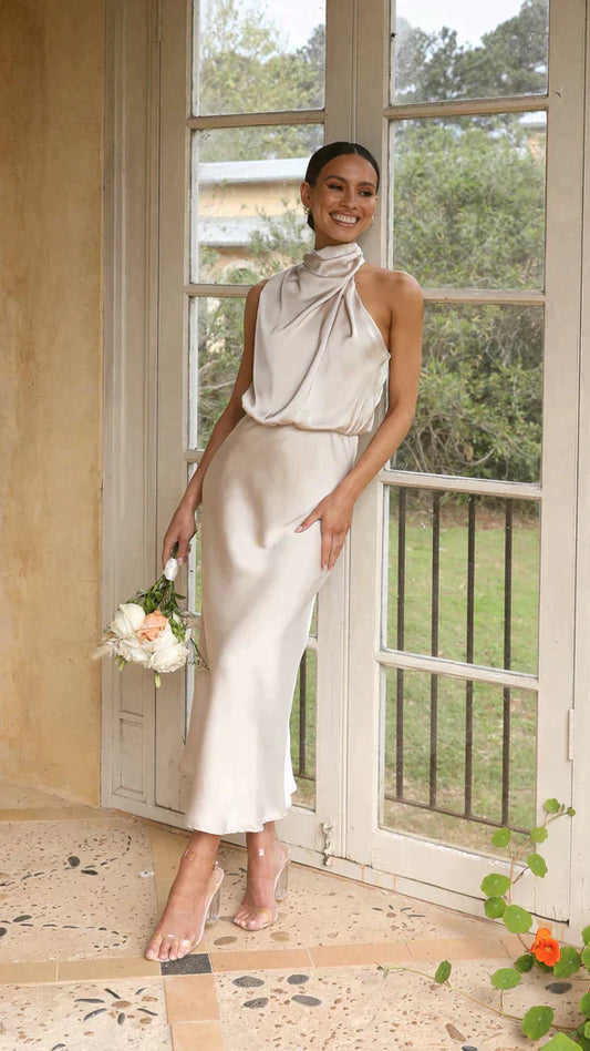 Women's Satin Halter Neck Midi Dress - 
Fashinoza