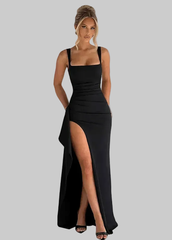 Women's Synthetic Maxi Dress Sleeveless Square Neck Black - 
Fashinoza