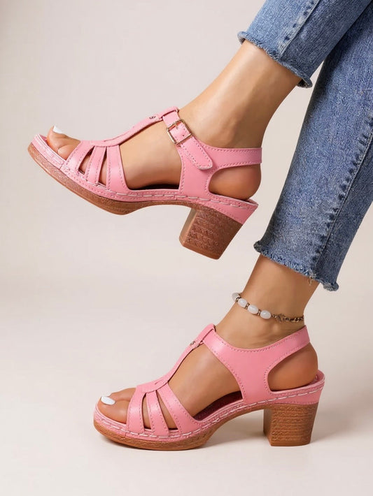 Women's Strappy Faux Leather Sandals Block Heel Buckle - 
Fashinoza