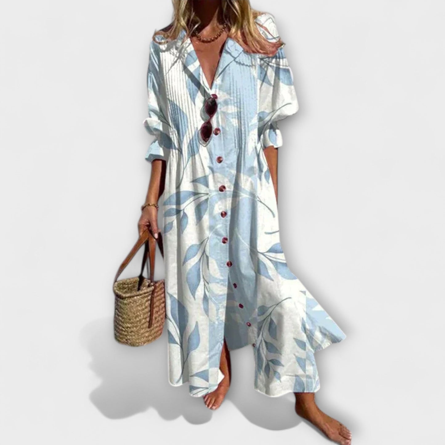 Women's Woven Maxi Dress V Neck Button Front - 
Fashinoza