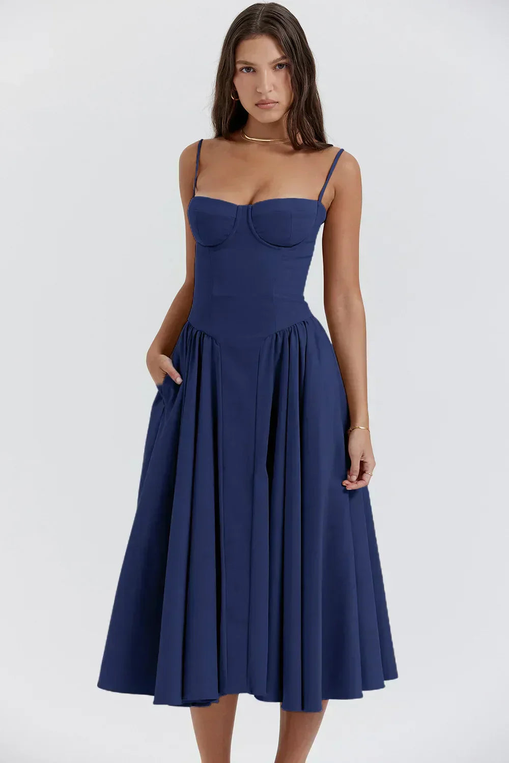 womens-woven-midi-dress-with-bustier-seaming-and-pocketed-skirt-7