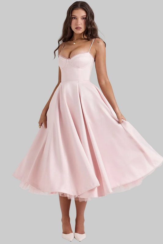 Women's Midi Dress Woven Sweetheart Neckline Tulle Skirt - 
Fashinoza