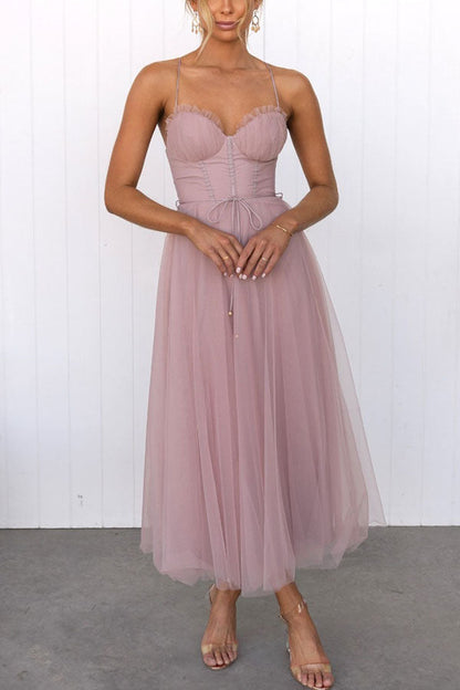 Women's Midi Dress Tulle Skirt Spaghetti Straps - 
Fashinoza