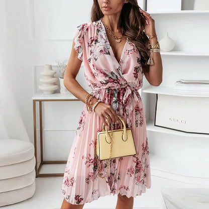 Women's Woven Wrap Midi Dress with Tie Belt - 
Fashinoza