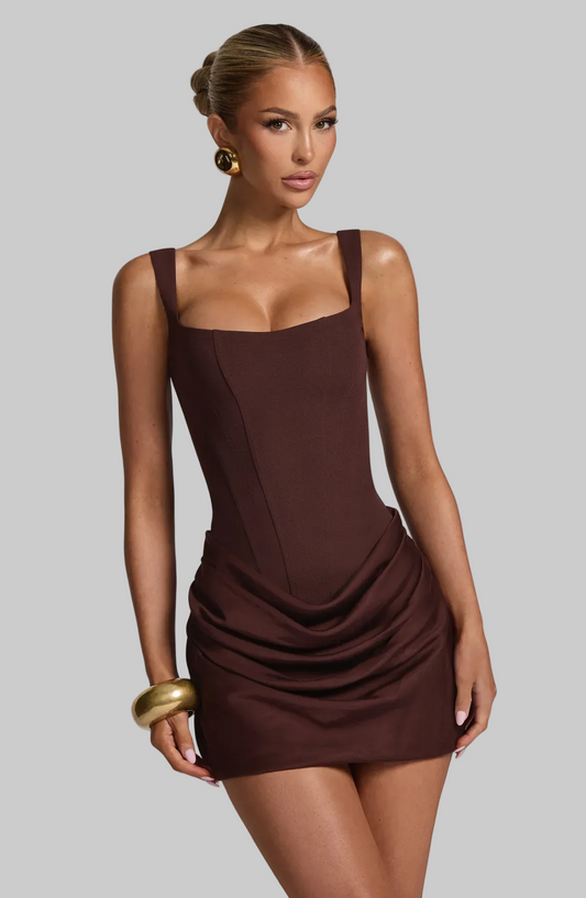 Women's Woven Mini Dress Lace-Up Back Square Neckline - 
Fashinoza