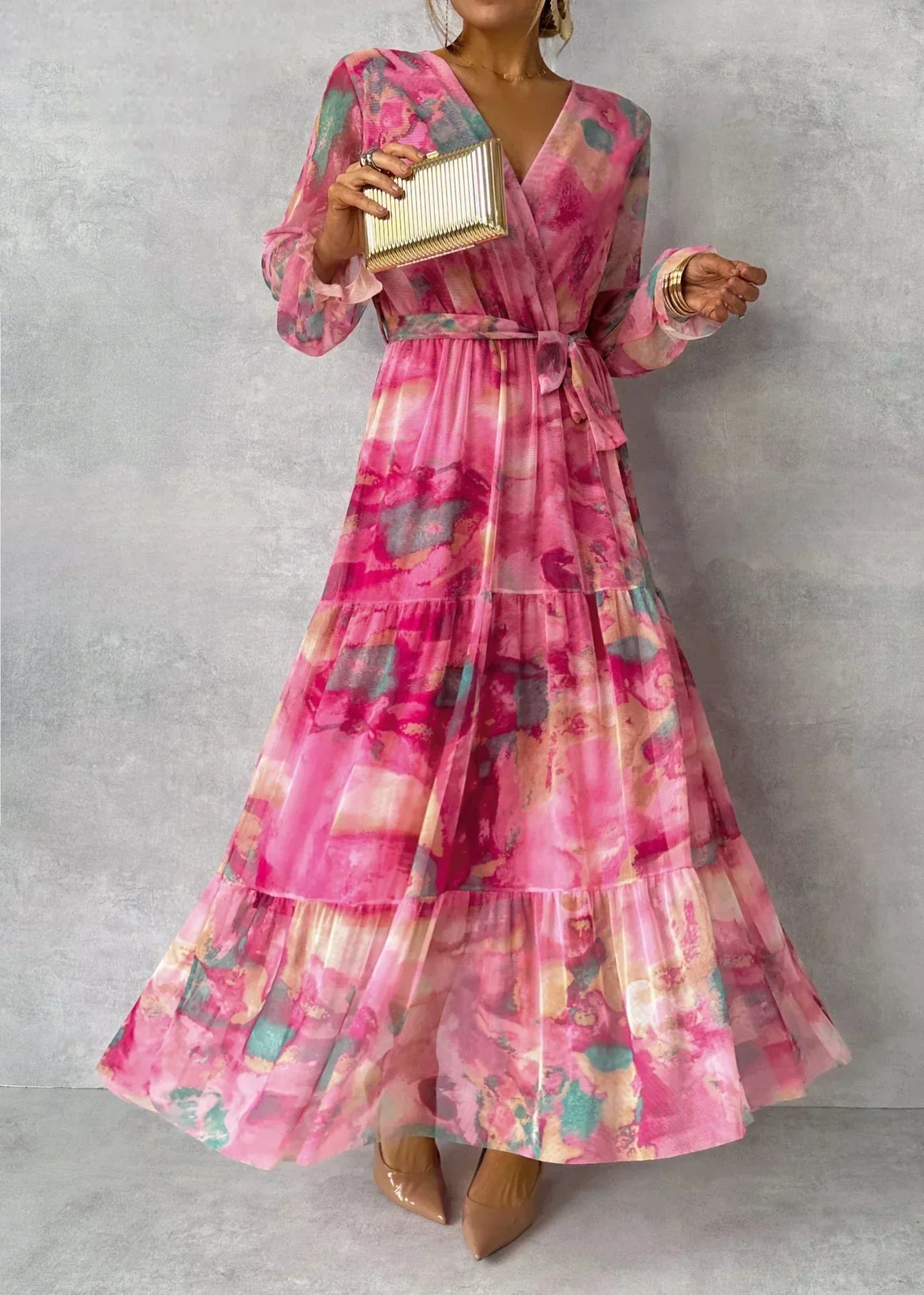 Women's Woven V Neck Wrap Dress - 
Fashinoza