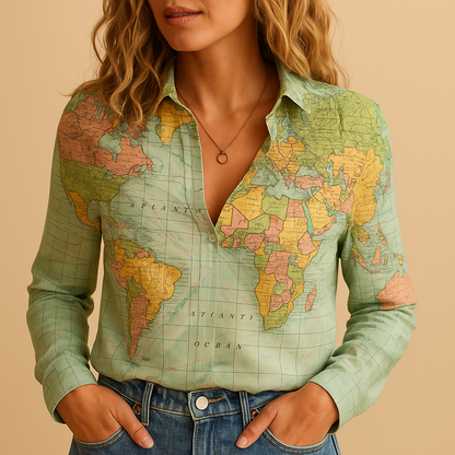 Women's World Map Print Blouse - 
Fashinoza