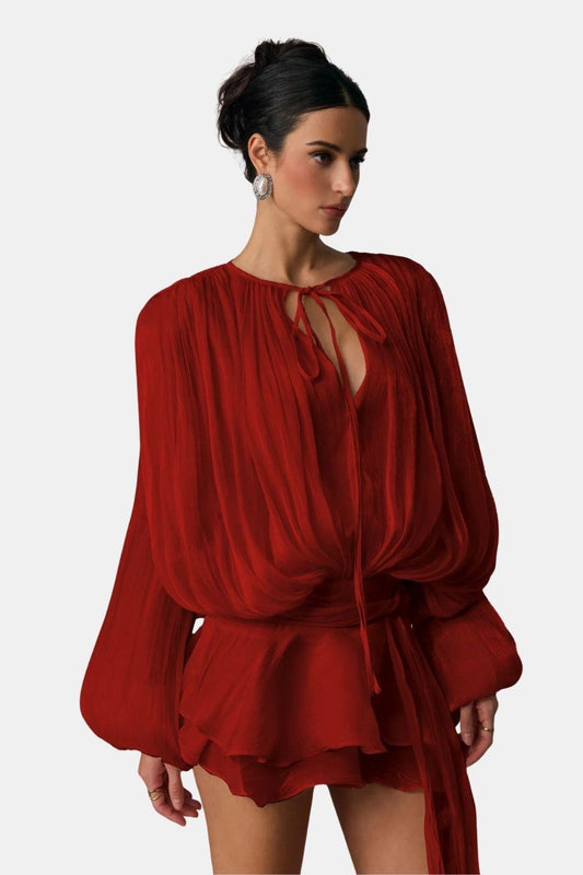 Women's Long Sleeve Mini Dress Tie Neck - Fashinoza