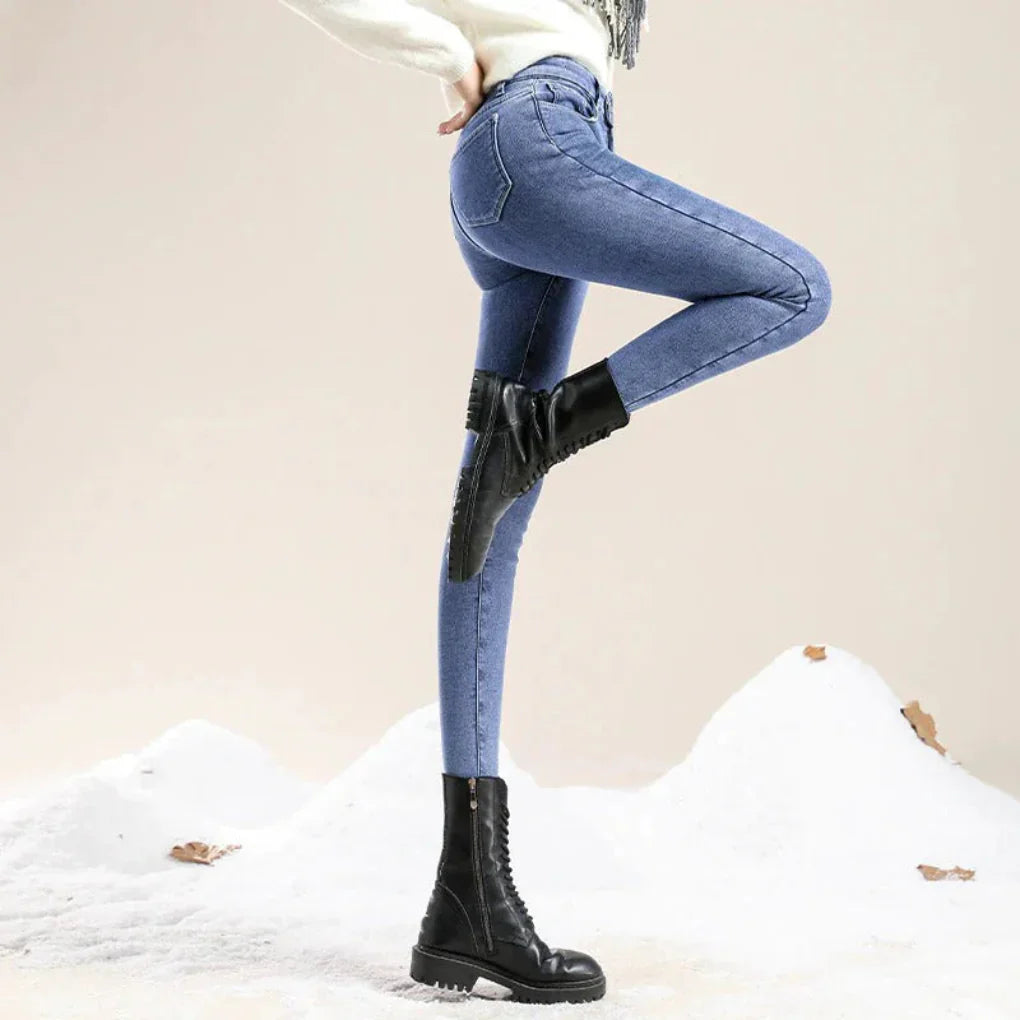 Women's High Waist Winter Jeans Thermal Lined Blue