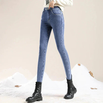 Women's High Waist Winter Jeans Thermal Lined Dark Blue